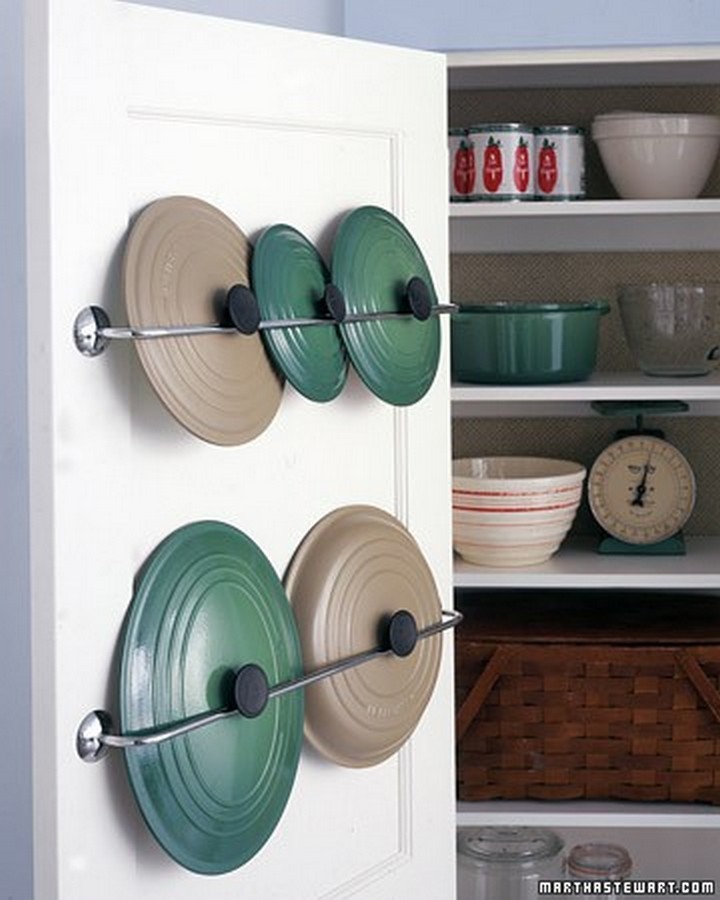 46 Useful Storage Ideas - Install towel racks inside your cupboards to store pot covers and lids.