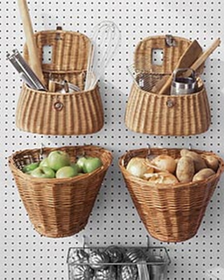 46 Useful Storage Ideas - Secure hanging baskets onto a peg board to hold kitchen supplies or vegetables.