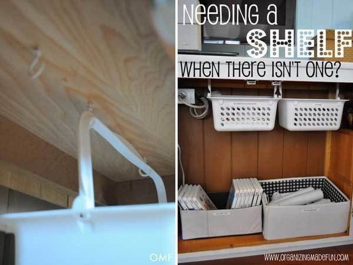 46 Useful Storage Ideas - Create a hanging shelf using only baskets and cup hanger hooks.