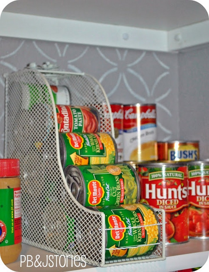 46 Useful Storage Ideas - Use magazine holders to store canned foods.