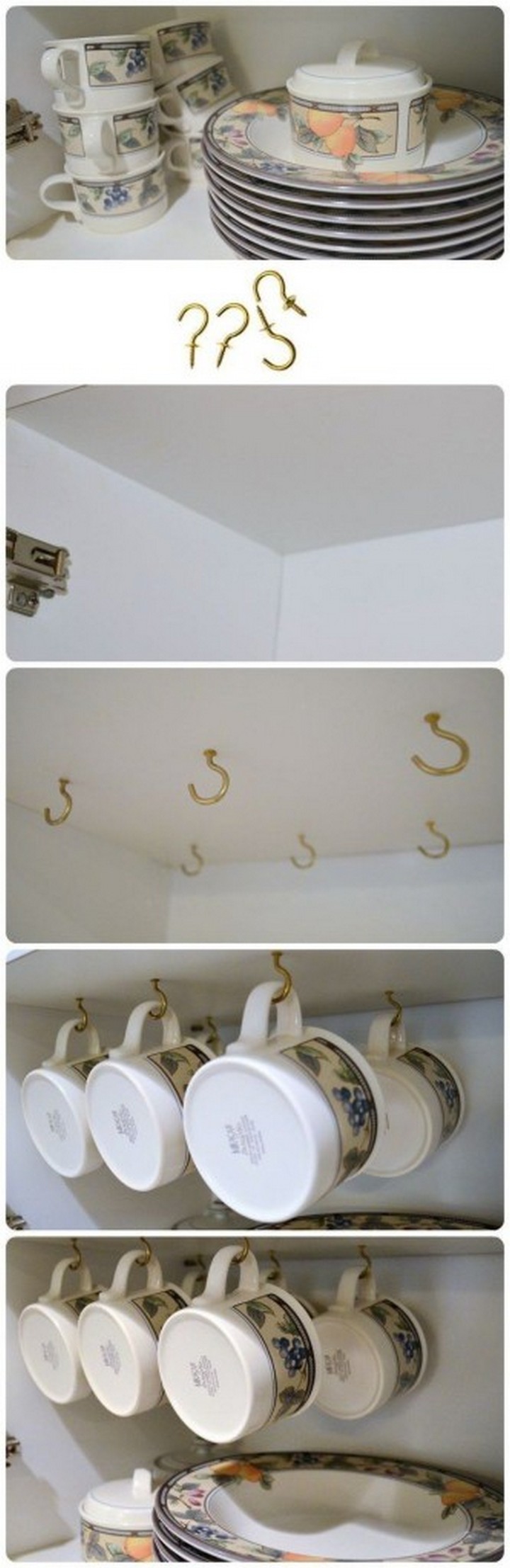 46 Useful Storage Ideas - Hang your cups on hooks and create more shelving space.