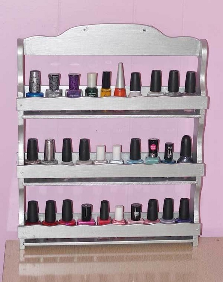 46 Useful Storage Ideas - Use an old spice rack to organize your nail polish.