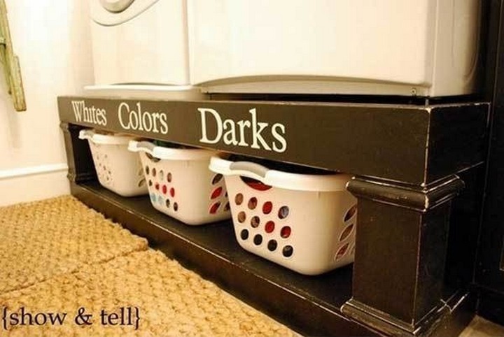 46 Useful Storage Ideas - Put your washer and dryer on a shelf and store laundry baskets underneath.