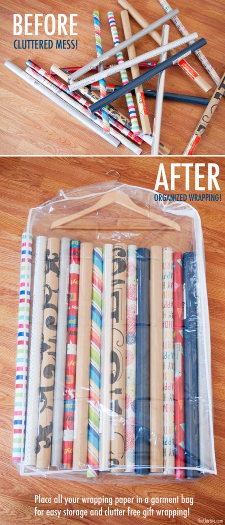 46 Useful Storage Ideas - Store all your wrapping paper in a garment bag.
