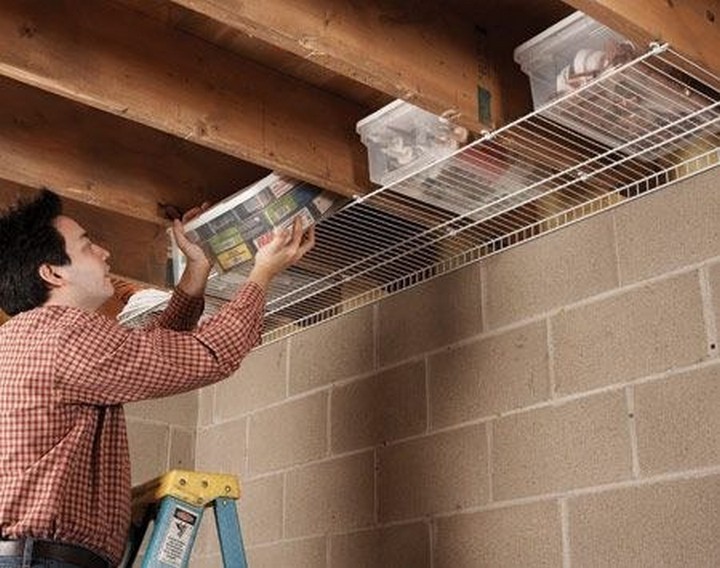 46 Useful Storage Ideas - If your basement has an unfinished ceiling, use it to your advantage and store items on wire shelves.