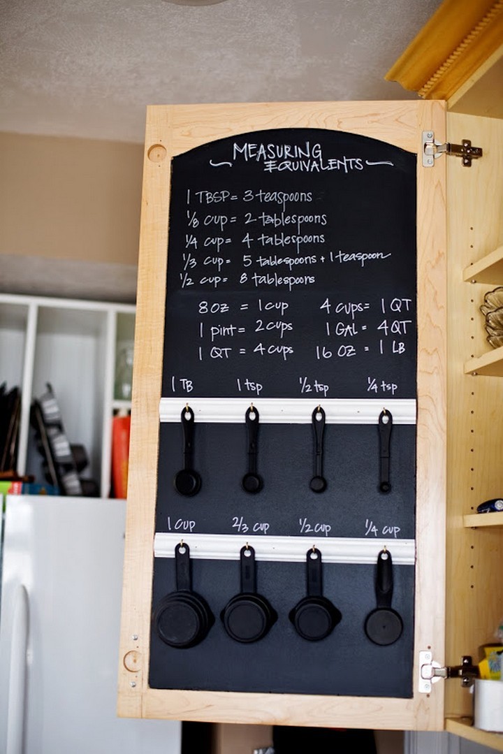 46 Useful Storage Ideas - Paint your inner cabinet door with chalkboard paint and install hooks to measuring cups and spoons.