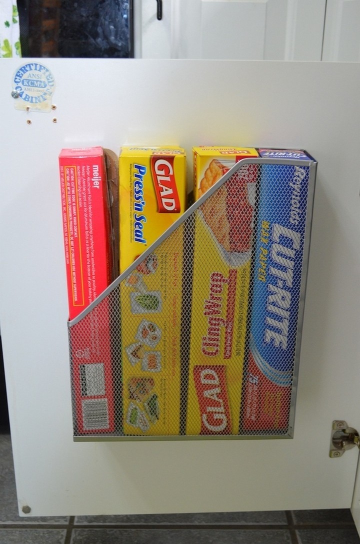 46 Useful Storage Ideas - Use old magazine racks to store foil, plastic wrap, and waxed paper.