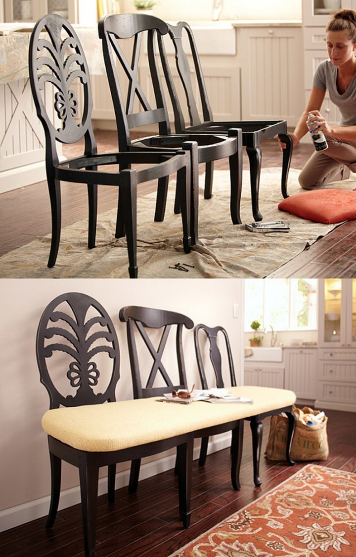 Transform three mismatched chairs into an elegant dining room bench.