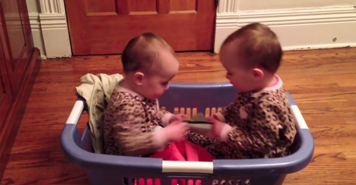 A Mother Caught Her twin babies talking in the Laundry Basket With Socks.