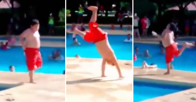Salsa Kid Hilariously Dances by the Poolside to 'Cuban Pete'.