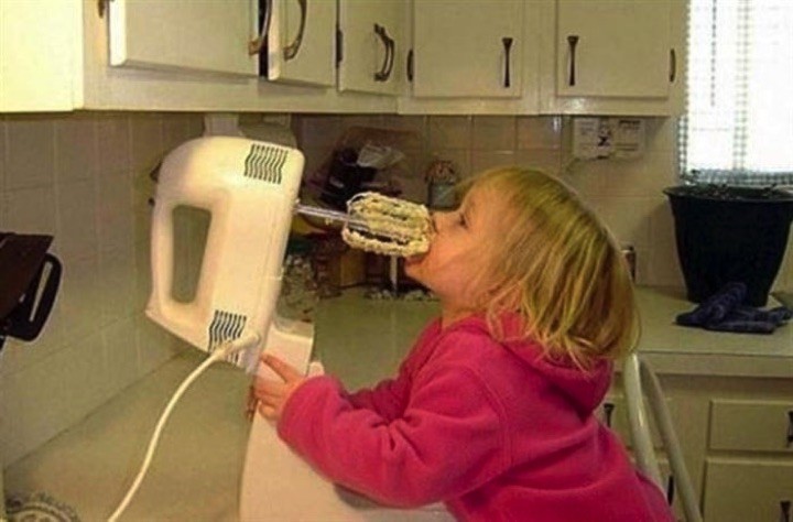 34 Parenting Fails - How not to lick the cake batter from the mixer beaters. Fail!