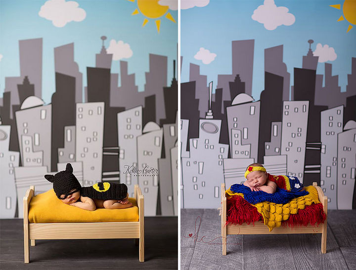 37 Newborns Wearing Geek Baby Clothes - Baby Batman and Baby Wonder Woman.