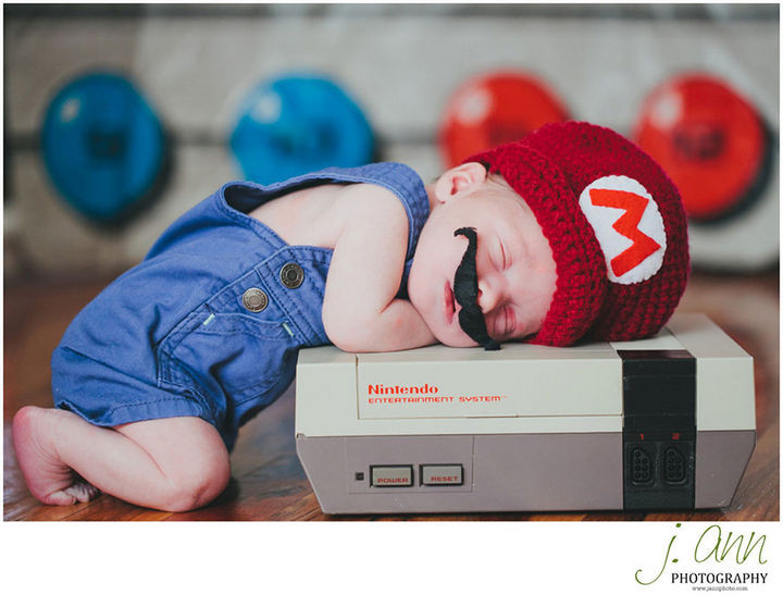 37 Newborns Wearing Geek Baby Clothes - "It's a me, baby Mario!"