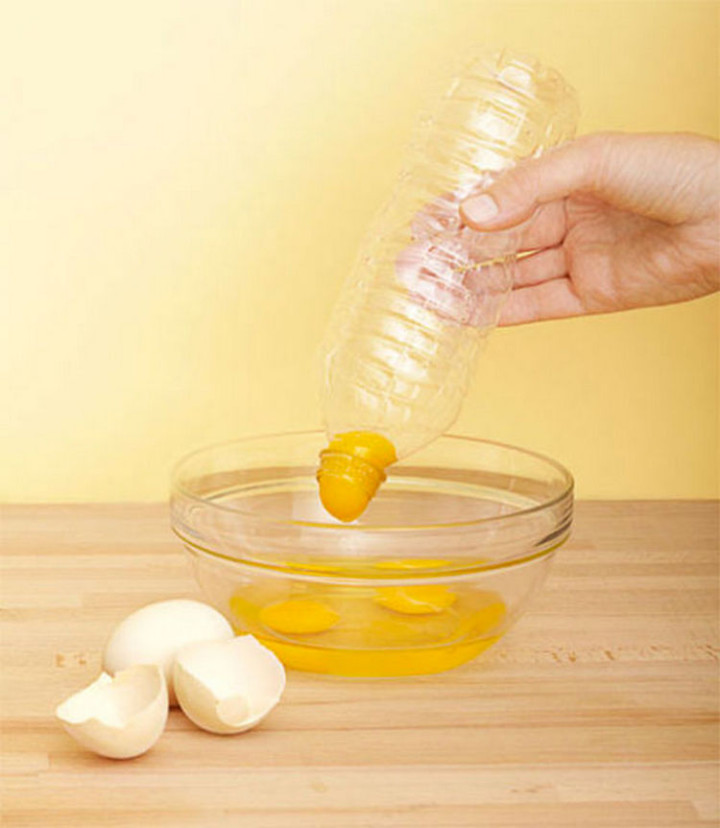 47 Amazing Life Hacks - Plastic Water Bottle - Squeeze an empty water bottle and release the pressure slowly over an egg yolk. It will create suction and you can easily transfer yolks to another bowl.