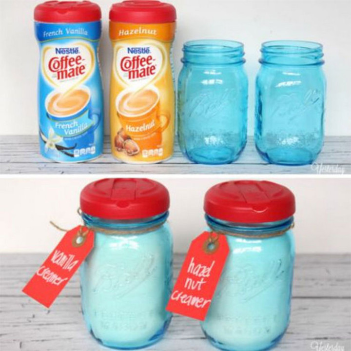 47 Amazing Life Hacks - Coffee Mate Lids - Add a handy dispenser cap to your Mason jars by using Coffee Mate lids.