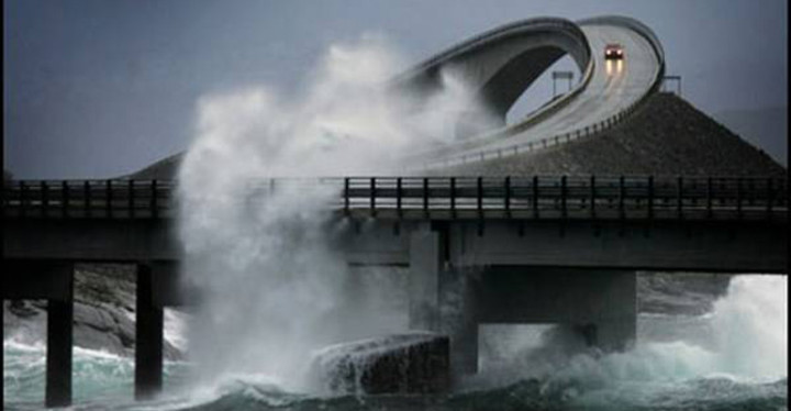 A dangerous drive through Atlantic Ocean Road in Norway. One of the most dangerous roads in the world.