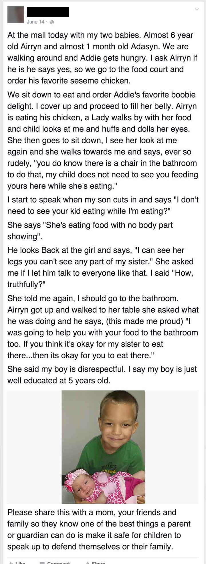 6-Year-Old Boy Defends His Mother Feeding His Baby Sister. His Response Is Priceless!