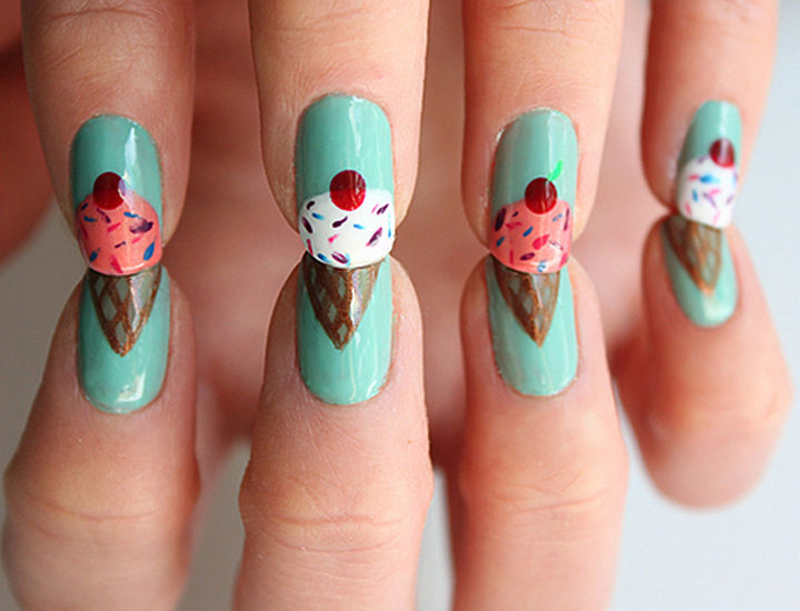 11 Dessert-Inspired Nail Art Designs - Ice cream nails with a cherry on top.