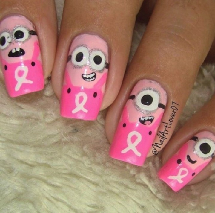 19 Breast Cancer Nails - The Minions also want to promote breast cancer awareness.