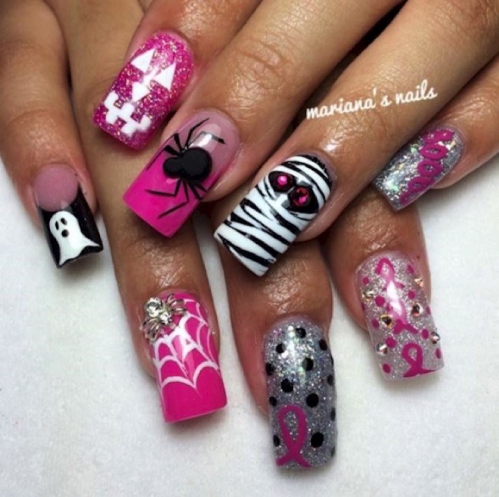 19 Breast Cancer Nails - Another awesome Halloween design.