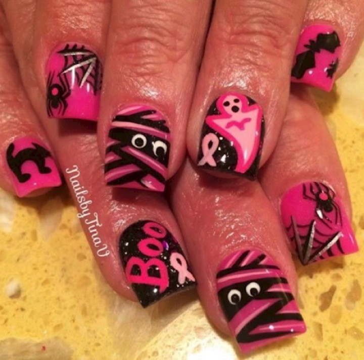 19 Breast Cancer Nails - A great way to promote during October with Halloween nails.