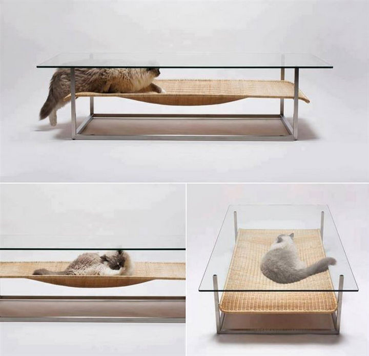 17 Clever Inventions - Coffee table with a built-in cat hammock.