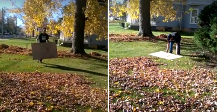 Man Raking Leaves with a Piece of Cardboard and It's Brilliant.