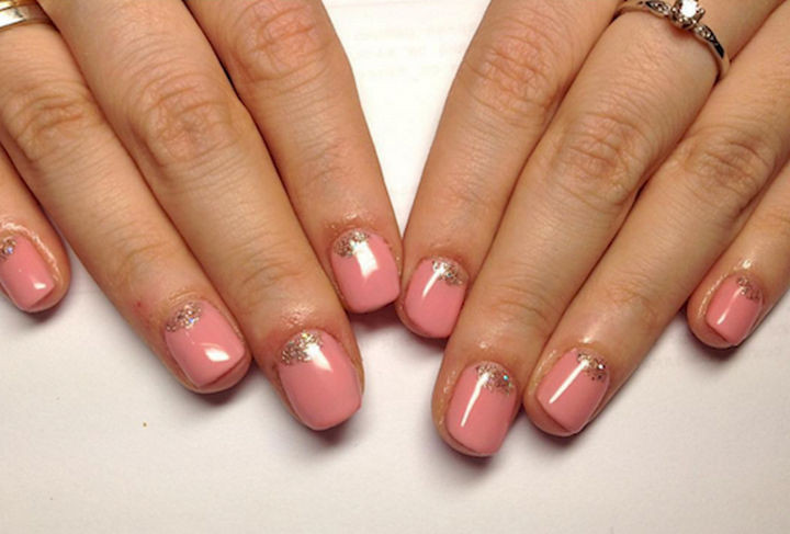 17 Rose Pink Nails - A reverse pink French mani with sparkles.