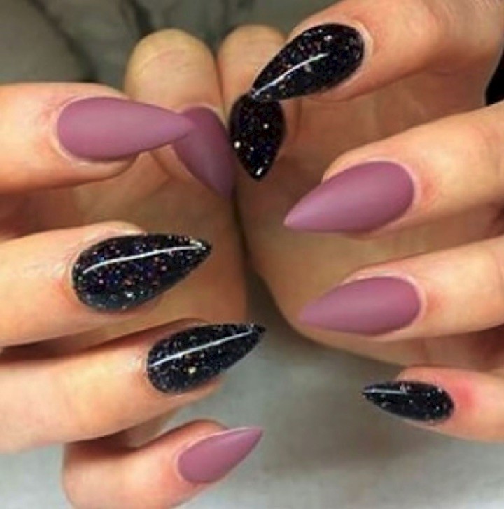 17 Extravagant Mauve Nail Manicures - Black galaxy stiletto nails with matte mauve.