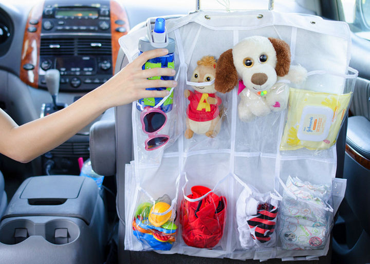 21 Clever Shoe Organizer Ideas - Keep children entertained on a road trip by creating backseat pockets.