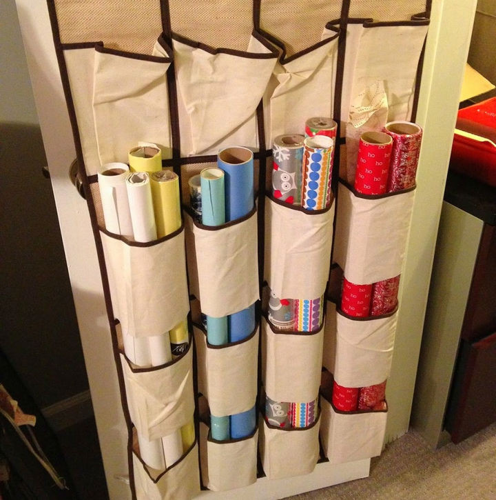 21 Clever Shoe Organizer Ideas - Keep your gift wrap in perfect shape.