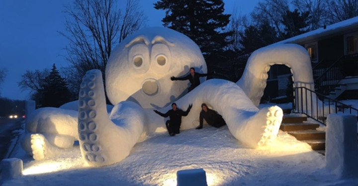 Three Brothers Created an Epic Snow Octopus in Their Front Yard.