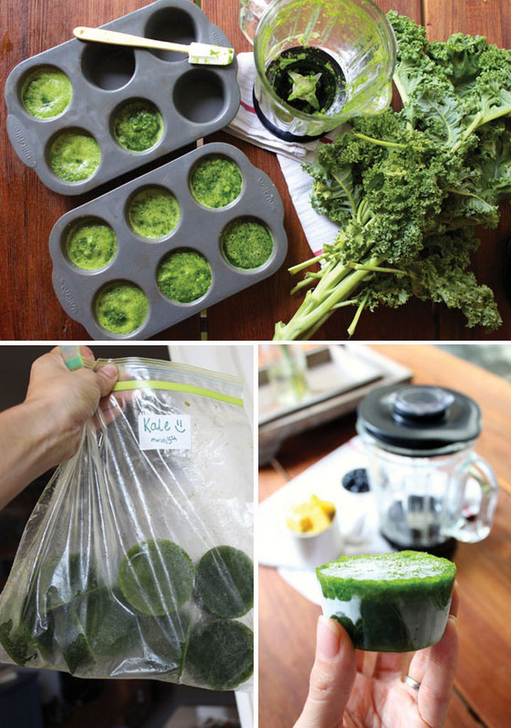 13+ Muffin Pan Hacks - Freeze leafy greens for smoothies.