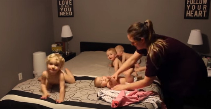 Super Mom Gets Her Triplets and Toddler Ready for Bed.