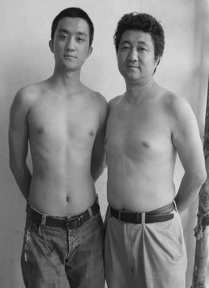 Father takes photo with his son every year. This one was taken in 2008.