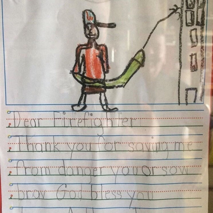 35 Funny Drawings from Kids - A firefighter and his hose.