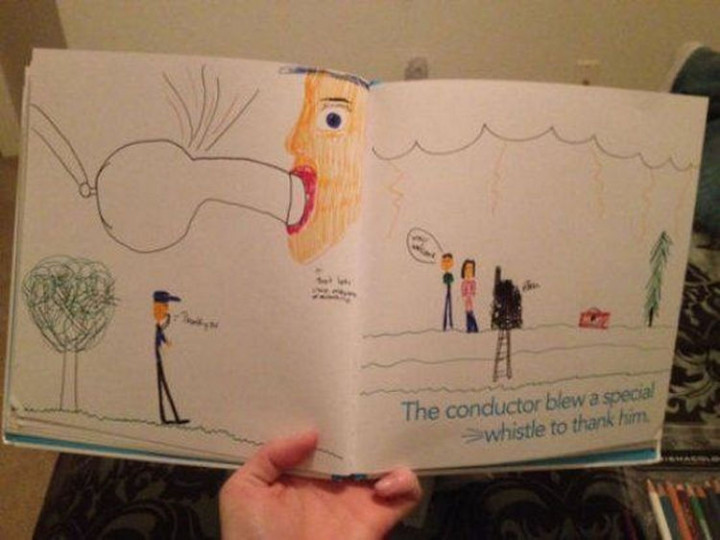 35 Funny Drawings from Kids - The conductor blew a special whistle to thank him.
