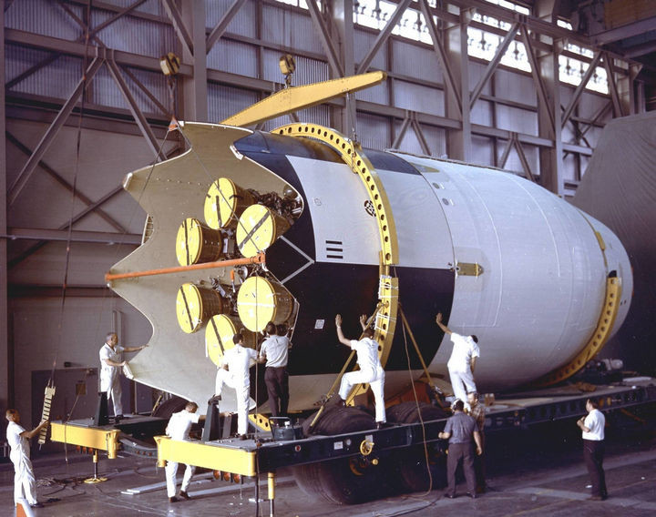 35 Rare Historical Photos - November 1st, 1964: Saturn I S-IV (second stage) assembly for the SA-9 mission undergoing some weight and balance tests at Cape Canaveral.