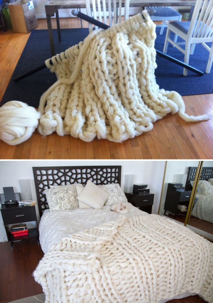 She then created her knitting needles using 1 1/2 PVC tubing and the result was exactly what she wanted. The result is a blanket with large stitches that looks super comfy and is super soft.