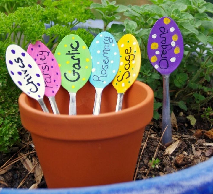 14 DIY Gardening Tips & Projects - Upcycle old spoons to make colorful garden markers.