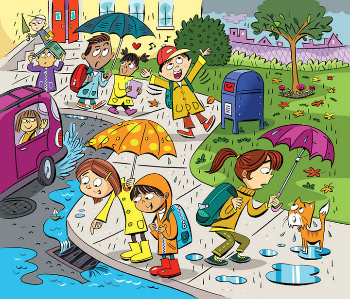 Highlights Hidden Pictures Puzzles - Find 6 hidden words in "Fun in the rain."