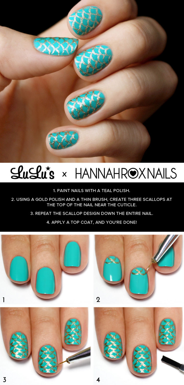 13 Mermaid Nails - Striking teal and gold mermaid nails.