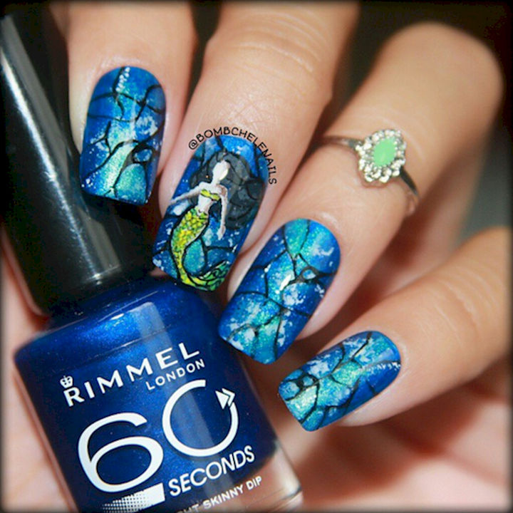 13 Mermaid Nails - Gorgeous mermaid nail art design with a stained glass pattern.