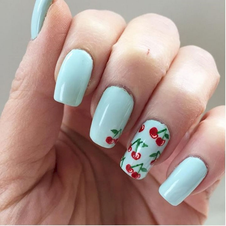 17 Fruit Nails - Cherries look great on baby blue nails.