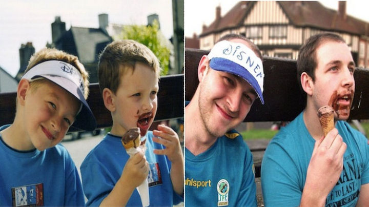 23 Then Now Photos - Two friends still enjoying ice cream together. Don't get any on your shirt!