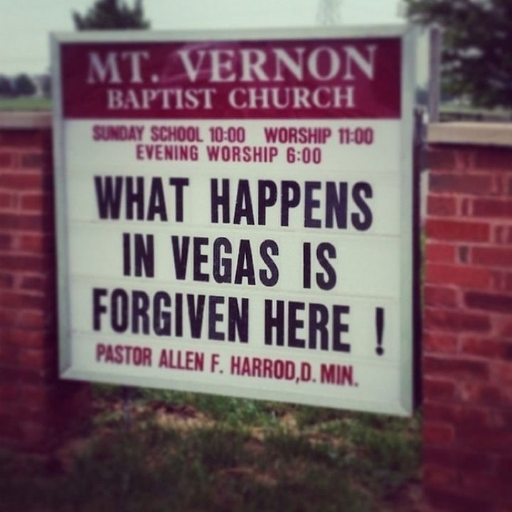 45 Funny Church Signs - What happens in Vegas is forgiven here!