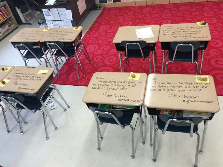 She wrote the messages using a dry-erase marker so that they could be wiped off before the testing began.