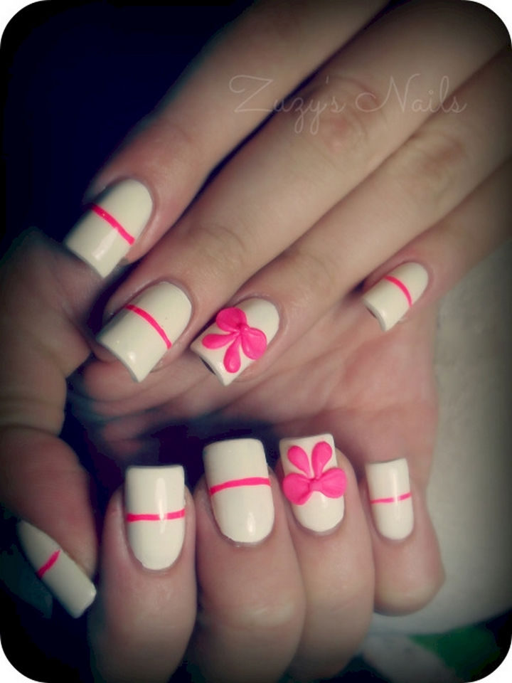 17 Bow Nail Art Designs - Hot pink accents makes this white manicure sizzle!