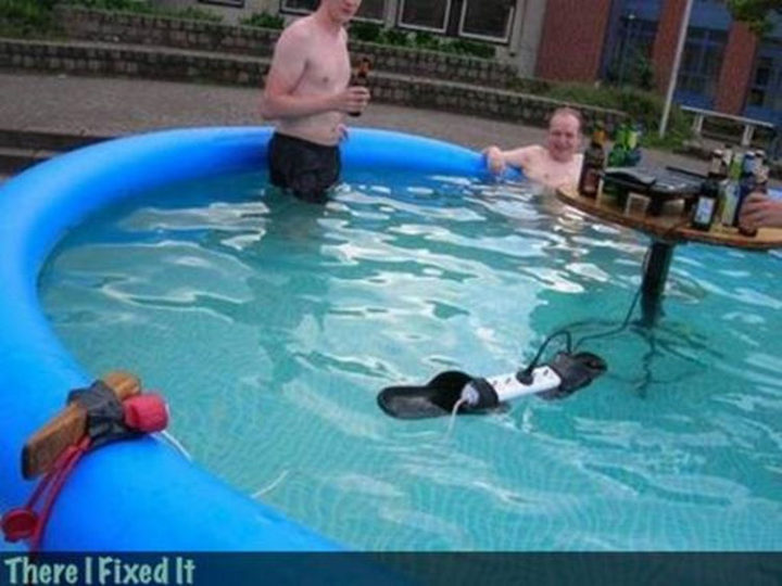 20 Hilarious Ways Men Can Fix Anything - "Want to listen to some tunes by the pool? I can fix that!"