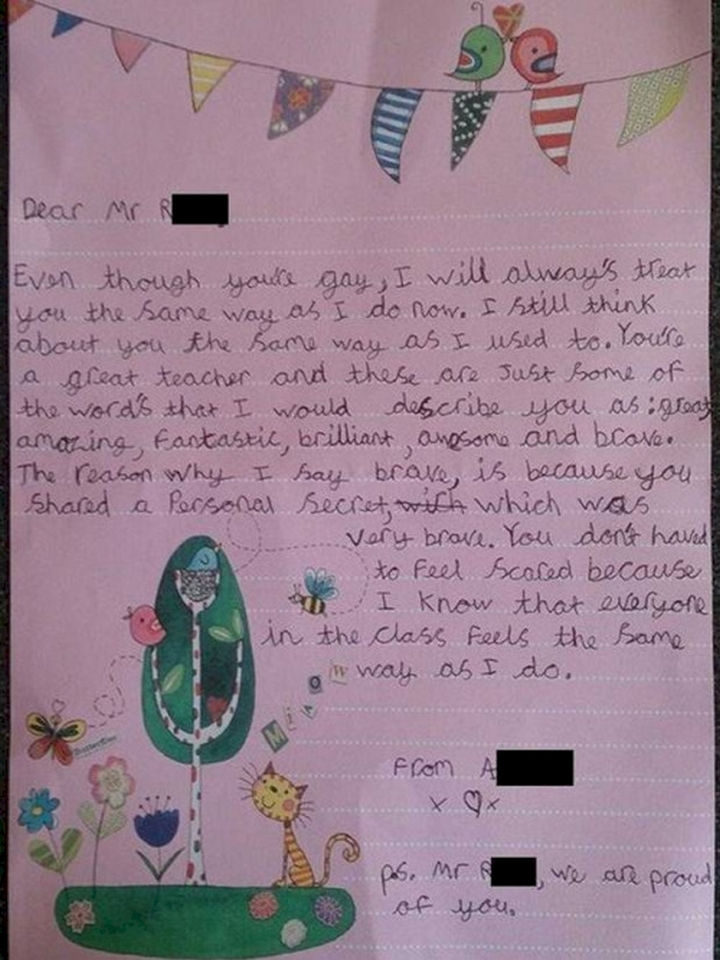 20 Photos Will Restore Your Faith In Humanity - This elementary school student writing this letter for her teacher who had just announced he was gay.